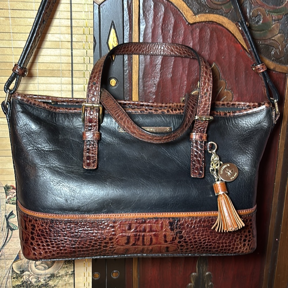 Brahmin Leather Mini Tote Black Pecan Croc Tan w Adj Strap 13”Wx7.25”Hx4.5”W - Picture 3 of 17